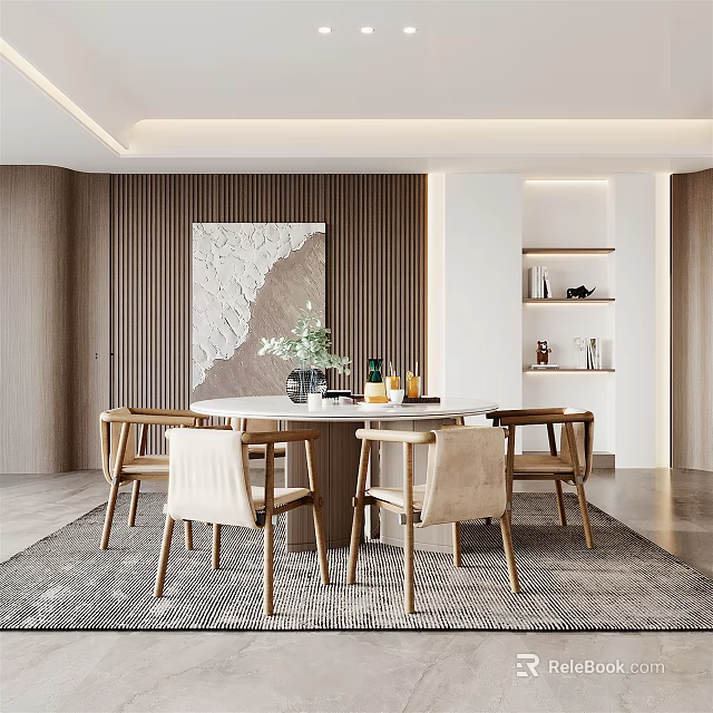 Modern Restaurant Interior With Open Design Dining Table Chairs And Decorative Wall Art 3d model