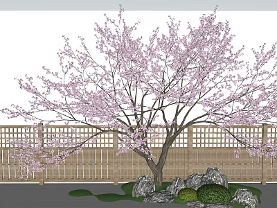 Landscape Sculpture Featuring Pink Flowering Tree Wooden Fence Rocks And Green Plants 3d model