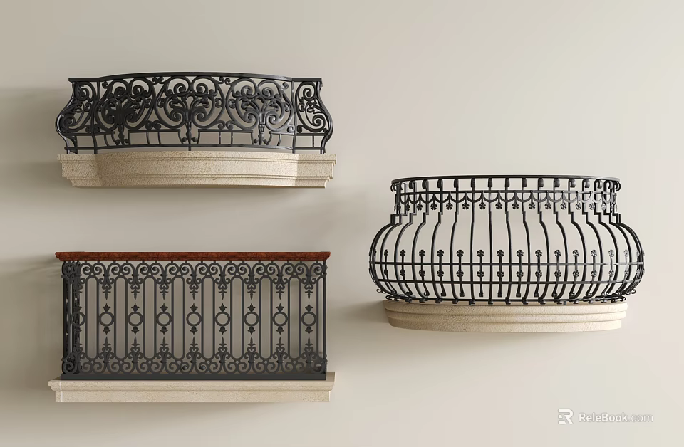 Iron Railings With Three Different Designs Floral Patterns And Stone Bases 3d model