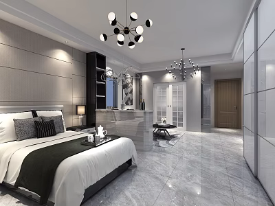 Modern Hotel Room Interior Featuring Bed White Linens Chandelier Lighting And Marble Flooring 3d model