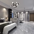 Modern Hotel Room Interior Featuring Bed White Linens Chandelier Lighting And Marble Flooring