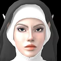 Woman in modern nun habit with high slit and gold accents shown from multiple angles