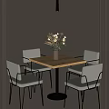 Modern Wooden Table And Chair Set With Four Light Gray Chairs And Vase Plants