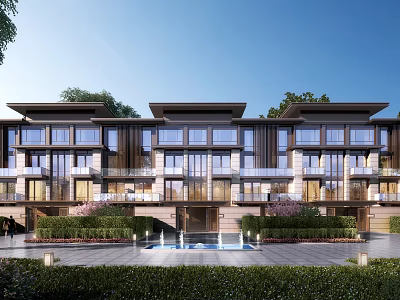 Modern Detached Villa Exterior With Large Windows Balconies And Front Water Feature Lush Landscaping 3d model