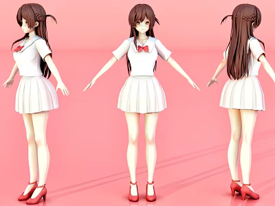 Anime Character In White School Uniform Red Bow Red High  Heels Brown Hair Multiple Angles 3d model
