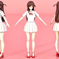 Anime Character In White School Uniform Red Bow Red High  Heels Brown Hair Multiple Angles
