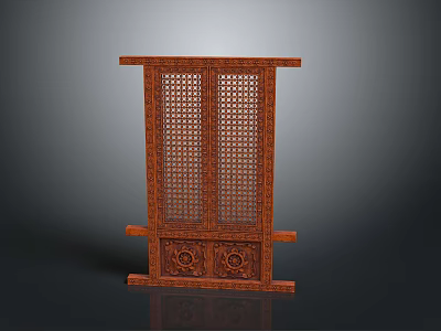 Traditional Wooden Carved Screen With Intricate Lattice Panels And Floral Patterns 3d model