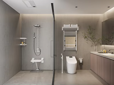 Modern Bathroom Interior Design With Gray Walls Shower Area Marble Countertop And Wooden Cabinets 3d model