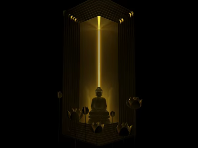 Exquisite Buddha Sculpture Carving In Niche With Golden Light And Decorative Base Carvings 3d model