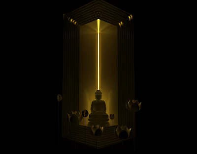 Exquisite Buddha Sculpture Carving In Niche With Golden Light And Decorative Base Carvings 3d model