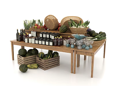 Display Shelves on Wooden Table with Fresh Fruits Vegetables Bottles Baskets and Crates 3d model