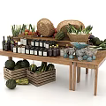 Display Shelves on Wooden Table with Fresh Fruits Vegetables Bottles Baskets and Crates