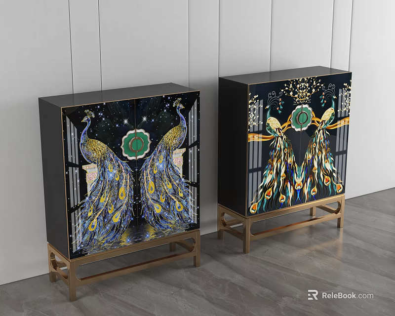 Decorative Cabinets With Colorful Peacock Design And Golden Legs For Home Decor 3d model 