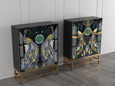 Decorative Cabinets With Colorful Peacock Design And Golden Legs For Home Decor 3d model