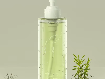 Luxurious Hand Sanitizer in Transparent Bottle with White Pump and Green Liquid Near Plants 3d model