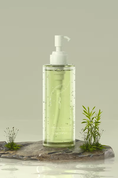Luxurious Hand Sanitizer in Transparent Bottle with White Pump and Green Liquid Near Plants 3d model