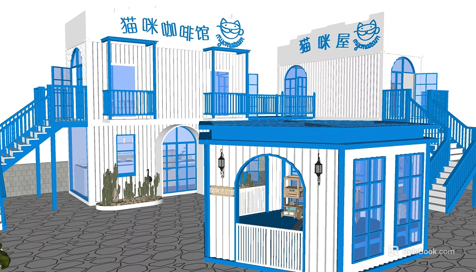 Industrial Equipment For Constructing Blue White Cat Cafe Building With Balconies And Arched Doors 3d model 
