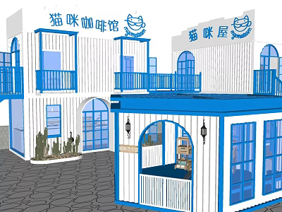 Industrial Equipment For Constructing Blue White Cat Cafe Building With Balconies And Arched Doors 3d model