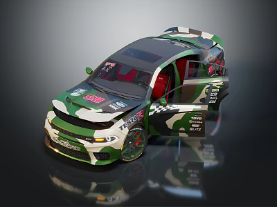 Green And White Camouflage Rally Car With Open Doors And Red Interior 3d model