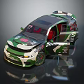 Green And White Camouflage Rally Car With Open Doors And Red Interior