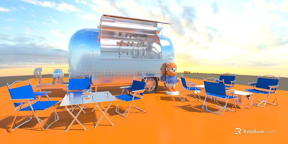 Silver Food Truck Outdoor Dining Area With Blue Chairs And Tables 3d model 