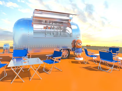Silver Food Truck Outdoor Dining Area With Blue Chairs And Tables 3d model Silver Food Truck Outdoor Dining Area With Blue Chairs And Tables 3d model