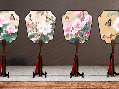Floral Butterfly Pattern Fan Ornament Decorative Set With Wooden Stand 3d model