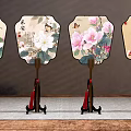 Floral Butterfly Pattern Fan Ornament Decorative Set With Wooden Stand