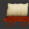 Three Vintage Red Wagons With White Canvas Covers And Wooden Wheels