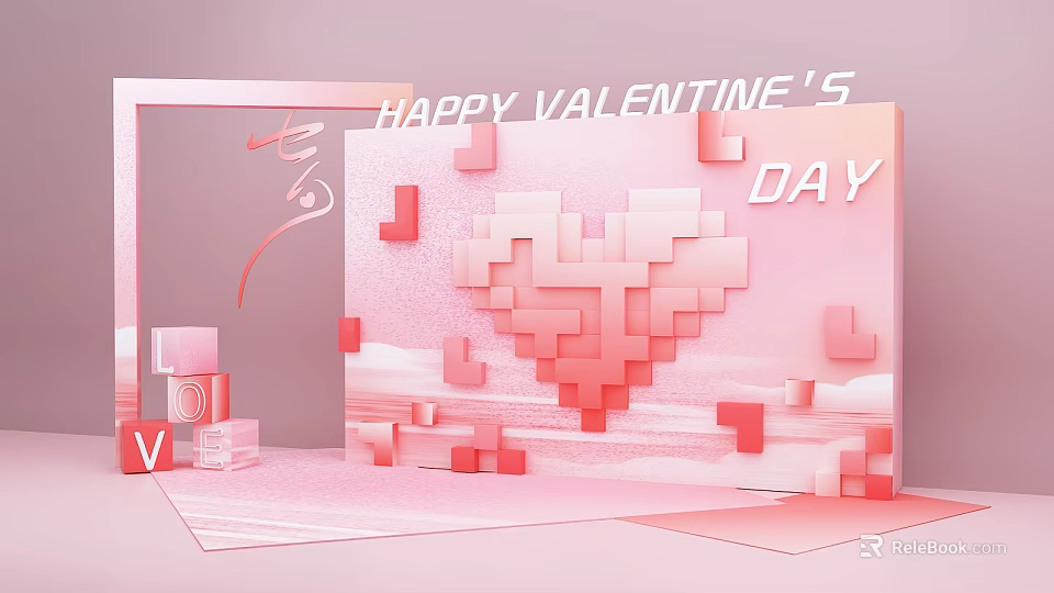 Pink Valentine's Day Decoration With Pixel Heart And Happy Valentine's Day Text 3d model 