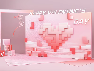 Pink Valentine's Day Decoration With Pixel Heart And Happy Valentine's Day Text 3d model