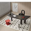 Modern Dark Wood Desk with Laptop Red Headphones Black Bear Decoration and Checkered Rug