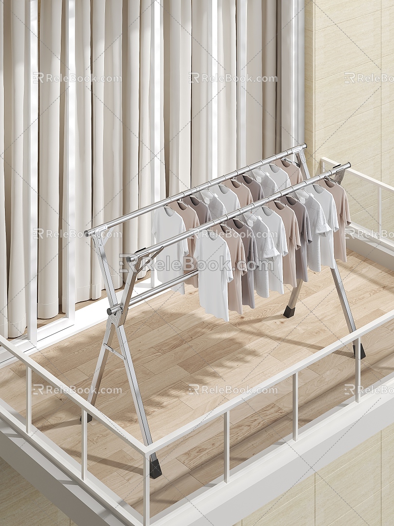 Household stainless steel folding floor drying rack 3d model