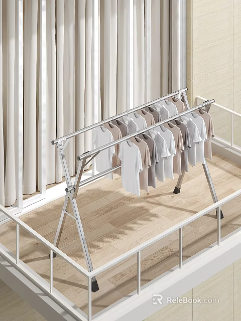Stainless Steel Foldable Clothes Drying Rack with Hanging Shirts on Balcony Wooden Floor 3d model 