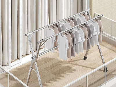 Stainless Steel Foldable Clothes Drying Rack with Hanging Shirts on Balcony Wooden Floor 3d model