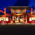 Traditional Illuminated Commercial Street Shopfronts Red Decorative Lights Symmetrical Layout and Pedestrian Walkways
