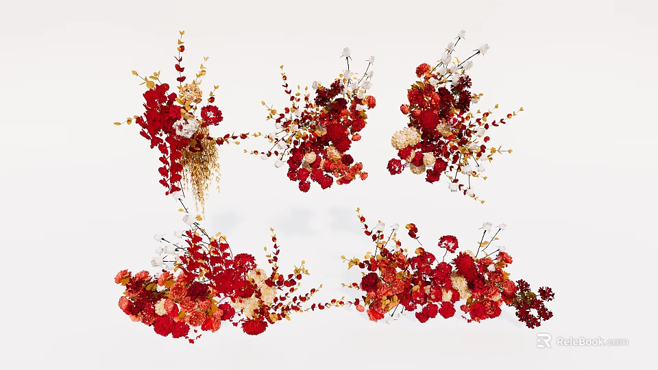 Vibrant Red Orange Floral Installation With Gold Accents And Artistic Decorative Designs 3d model 