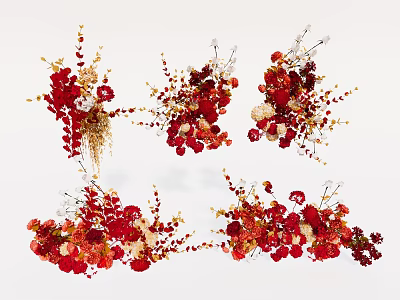 Vibrant Red Orange Floral Installation With Gold Accents And Artistic Decorative Designs 3d model