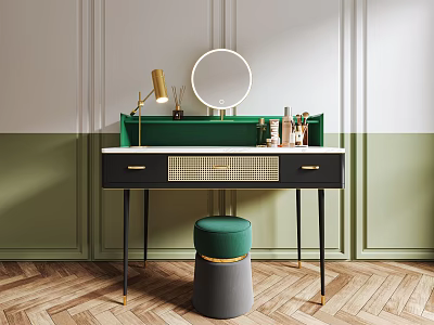 Modern Dressing Table With Green Countertop Round Mirror Table Lamp And Green Stool 3d model
