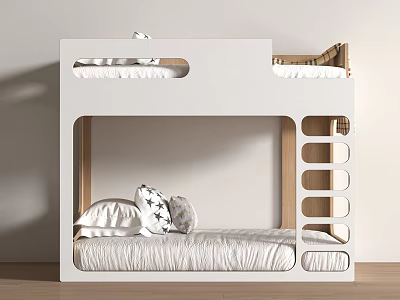 Modern Bunk Bed With Wooden Frame Mattress Pillows And Hollow Side Panels 3d model