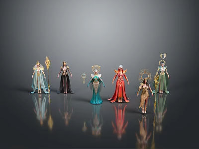 Fantasy Characters And Mythical Beings With Halos Holding Staves On Dark Background Reflections 3d model