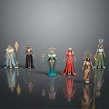 Fantasy Characters And Mythical Beings With Halos Holding Staves On Dark Background Reflections