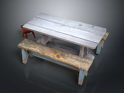 Red Wooden Stool With Rustic Wooden Table And Bench In Vintage Country Setting 3d model