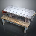 Red Wooden Stool With Rustic Wooden Table And Bench In Vintage Country Setting