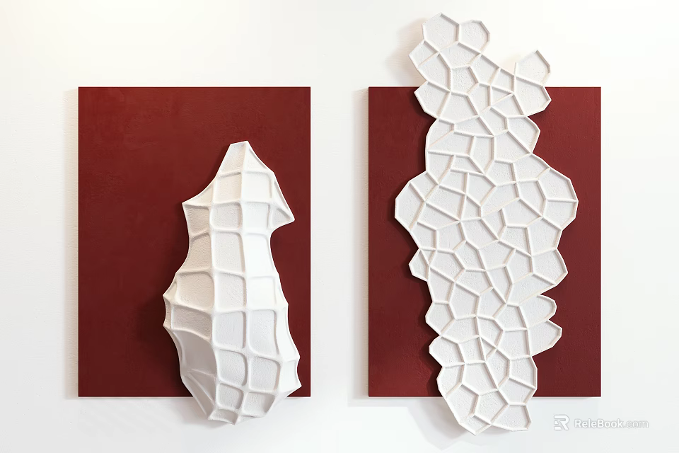 Two White Geometric Textured Decorative Pieces on Red Background for Wall Decoration 3d model 