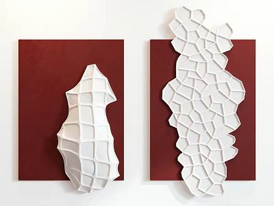 Two White Geometric Textured Decorative Pieces on Red Background for Wall Decoration 3d model