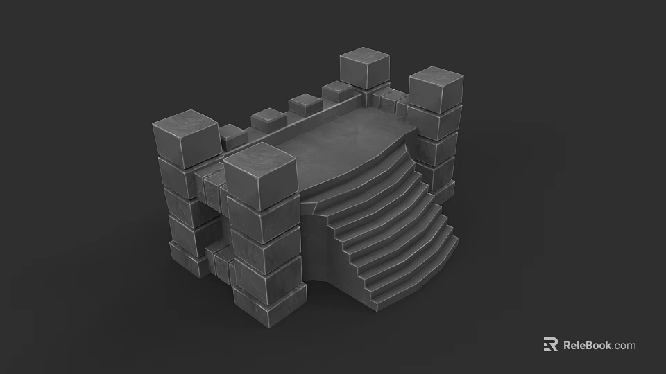 Stone Staircase With Block Design Castle Like Structure And Side Walls 3d model 