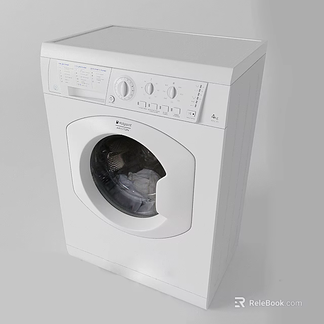 White Front Loading Washing Machine With Control Panel And Laundry Clothes Inside 3d model 