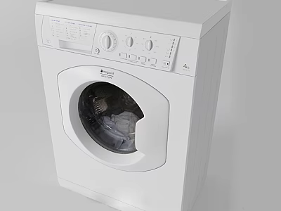 White Front Loading Washing Machine With Control Panel And Laundry Clothes Inside 3d model