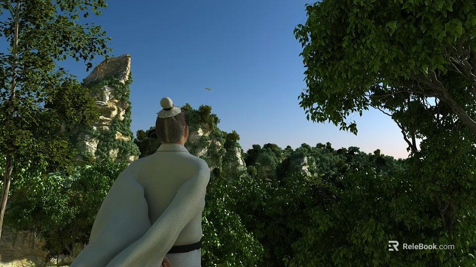 Traditional Garden Landscape With Lush Green Trees Rock Formations And Clear Sky 3d model 